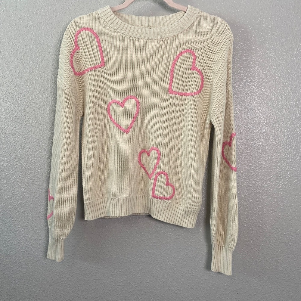 Cream Heart Sweater Small Knitted Feminine Preppy Cotton Blend‎ Girly Prep Knit